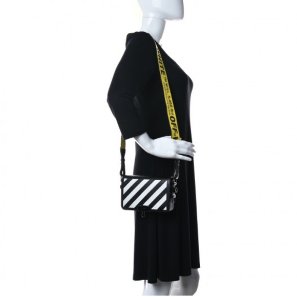 Off-White Saffiano Striped Mini Diag Binder Clip Bag Black White Yellow - Picture 2 of 6